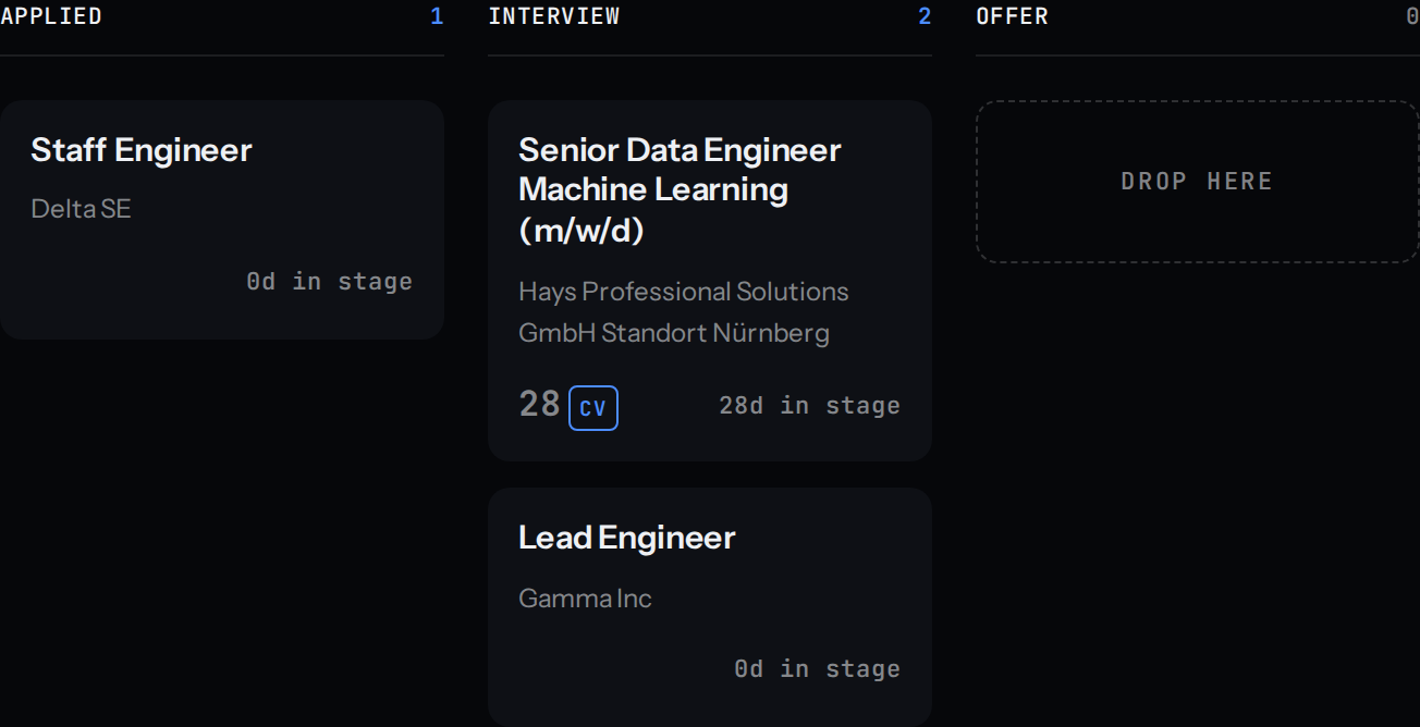 CareerAgent pipeline board with a job card in the interview column